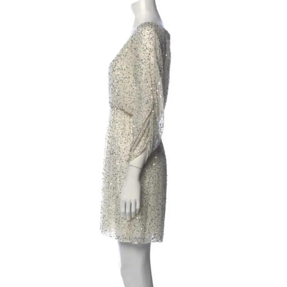 Alice + Olivia Sequin Cocktail Dress White, Silver, Gold, Medium 3/4 Sleeves L - Picture 2 of 8